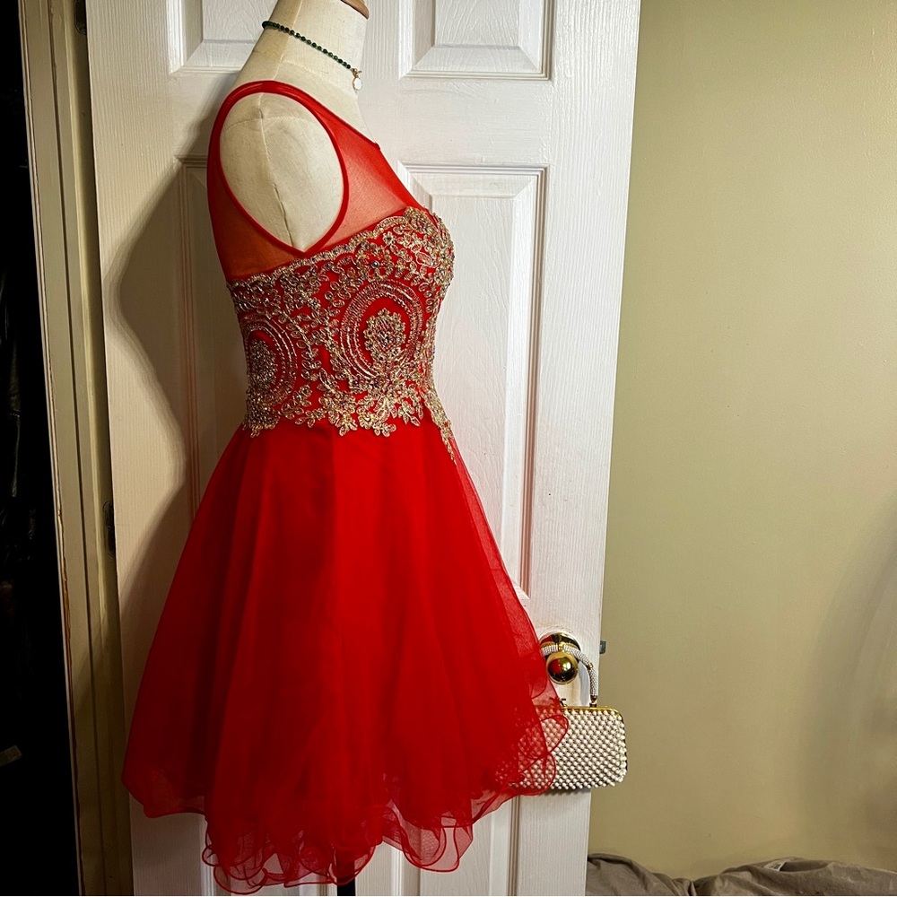 New Babyonline Wms Red Gold Floral Appliqué Embroidery Fit&Flare‎ Party Dress XS - Picture 6 of 13